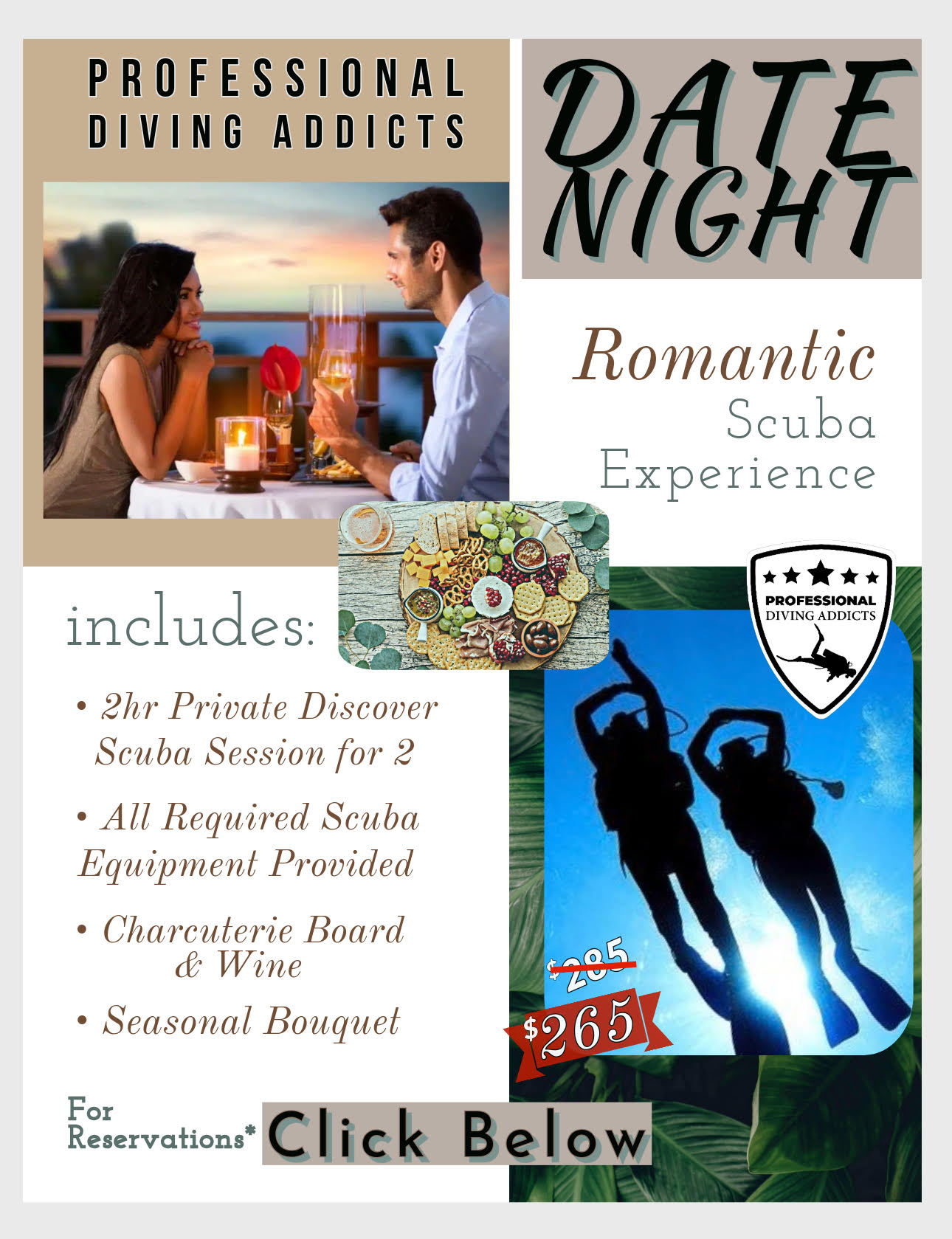 Marketing flyer for scuba date night - Discover Scuba with romantic refreshments after scuba diving